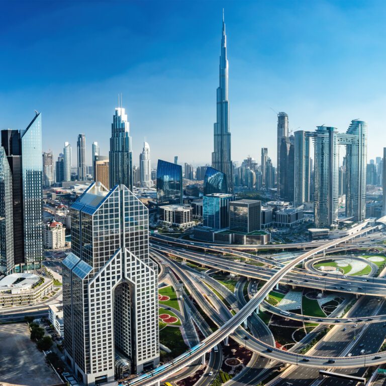 Helicopter view of Burj Khalifa in Dubai