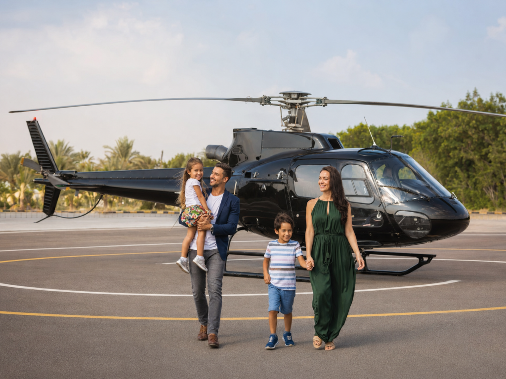 Family posing next to a luxury black Airbus H125 helicopter at the HeliDubai helipad.
