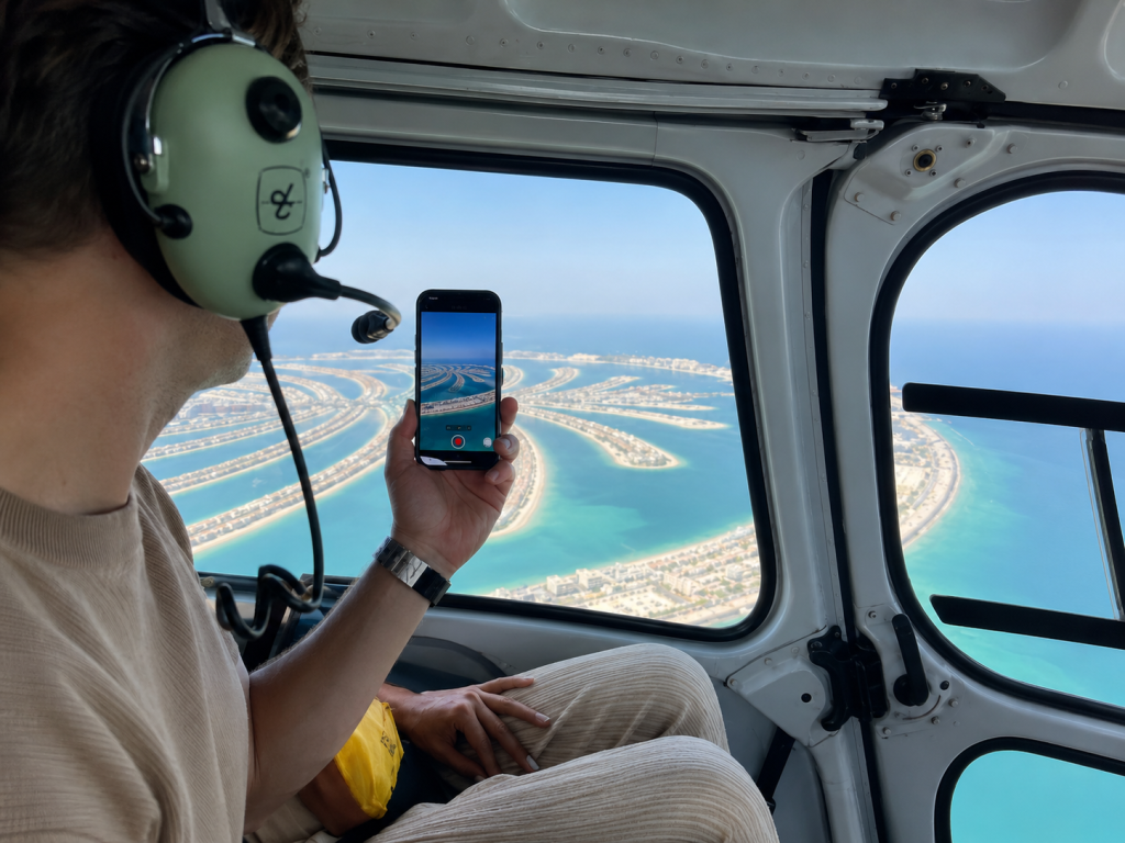 Passenger recording Palm Jumeirah during a HeliDubai helicopter tour