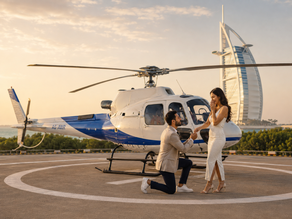Marriage proposal beside a HeliDubai helicopter with Burj Al Arab in the background